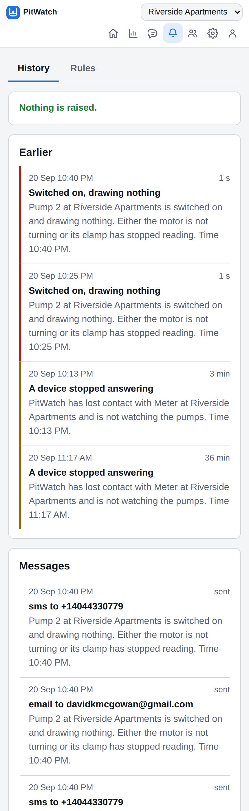The alert history: what was raised, and when it cleared